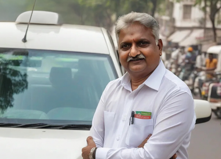 Smiling driver with vehicle